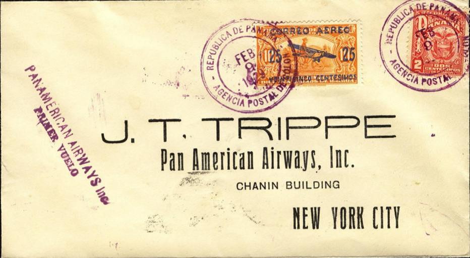 Uno de los cientos de sobres previamente impresos que Juan Trippe, presidente de Pan American Airways, se envió a sí mismo en el primer vuelo desde Panamá.